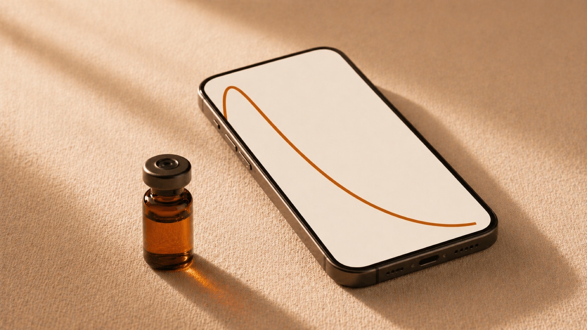 An iPhone resting on warm cream linen with an amber pharmacokinetic decay curve on its screen, an apothecary vial next to it.