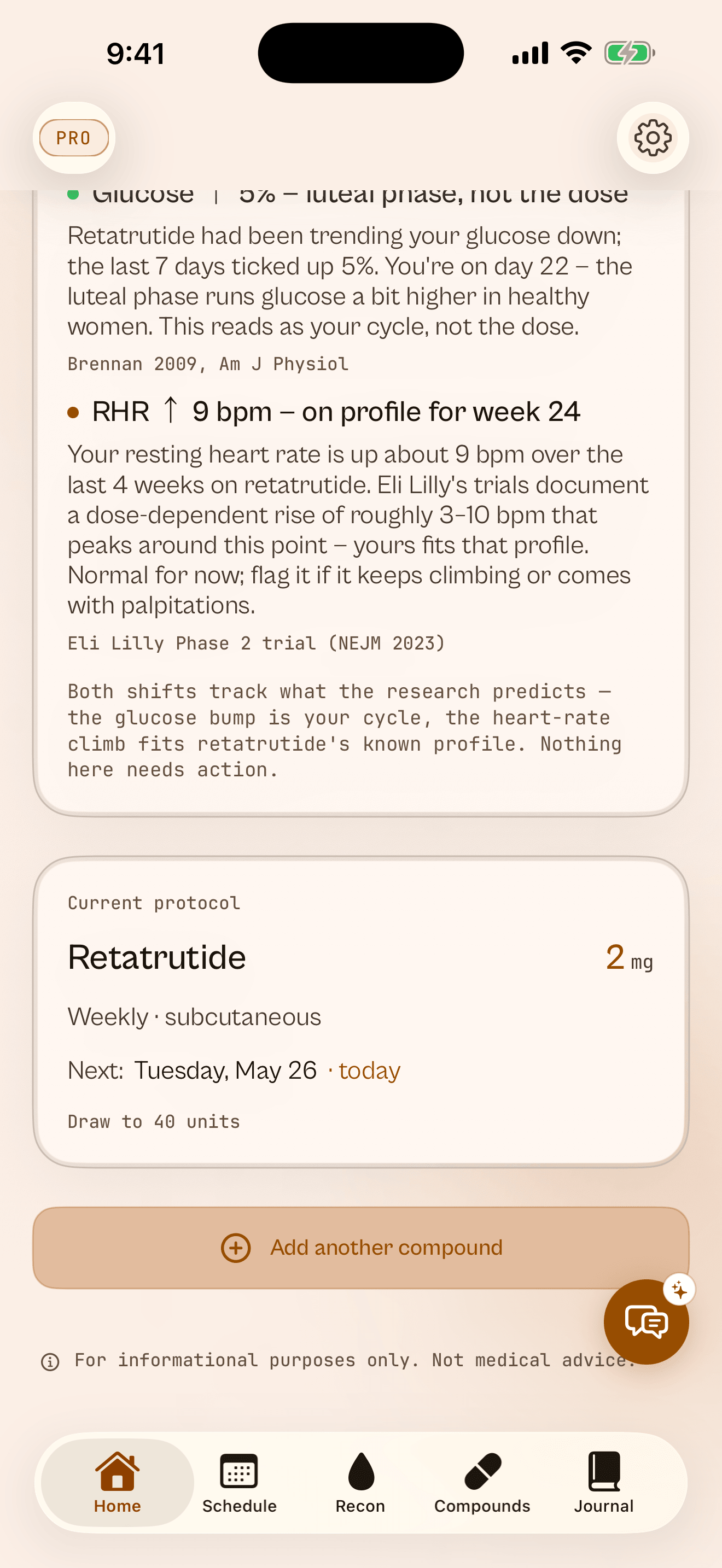PinPal Daily Insights reading the week's biomarkers against the published literature — a resting-heart-rate rise interpreted as on-profile for retatrutide, citing Eli Lilly's Phase 2 trial.