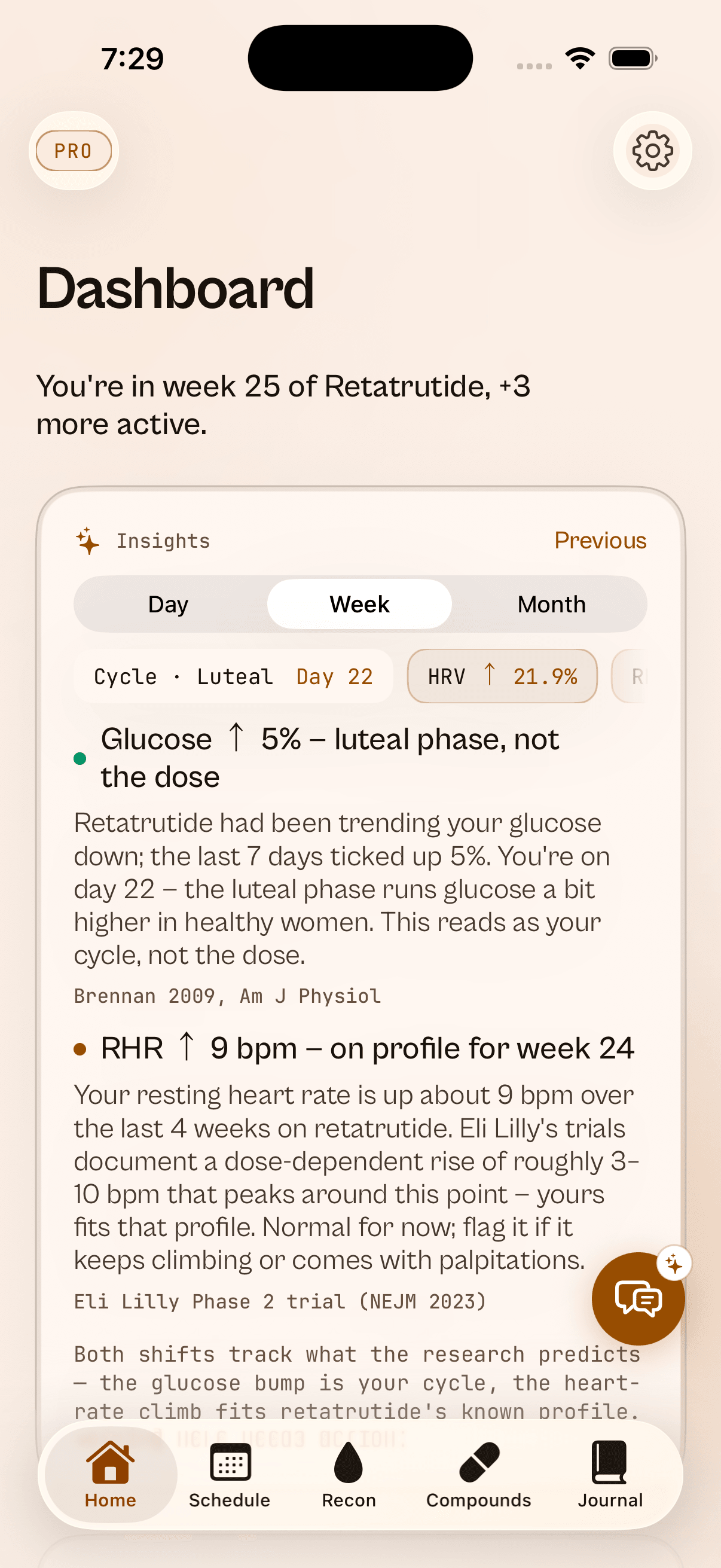 PinPal Daily Insights reading the week's biomarkers against the published literature — a resting-heart-rate rise interpreted as on-profile for retatrutide citing Eli Lilly's Phase 2 trial, and a glucose shift attributed to the luteal phase citing Brennan 2009.